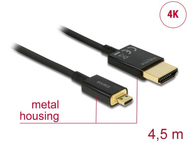 כבל מסך אקטיבי Delock Active Slim Cable High Speed Ethernet HDMI To Micro HDMI 3D 4K 4.5 m