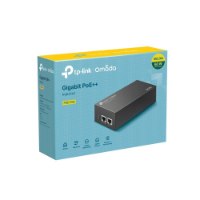 מזרק Tp-Link PoE++ POE170S – פריט בודד אריזת המוצר הכחולה-צהובה נראית מזווית עם תמונה של המזרק האפור בעל שני