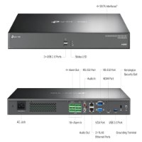 מערכת הקלטה 32 ערוצים Vigi NVR4032H – תרשים המראה את המכשיר האפור-כהה משני צדדיו עם סימון מפורט של הפורטים