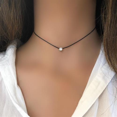 שרשרת צ'וקר חוט שחור עם זרקון כסוף