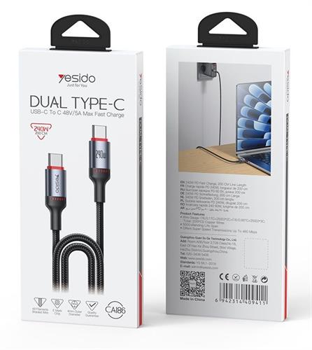 כבל שזור USB-C ל־USB-C עד 240W באורך 2 מטר - Yesido CA186