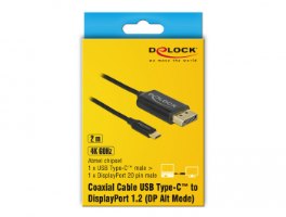 כבל מתאם Type-C זכר לחיבור DisplayPort זכר באורך 2 מטר Delock USB cable 4K 60Hz coaxial