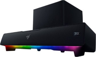 מקרן קול עם סאבוופר למחשב Razer Leviathan V2 – מקרן קול שחור עם תאורת RGB וסאבוופר מאחור ממוקמים יחד על רקע לבן Bluetooth