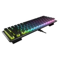 מקלדת גיימינג מכנית-אופטית Turtle Beach Vulcan II Mini – מקלדת שחורה בודדת עם תאורת RGB צבעונית מוצגת באלכסון על רקע לבן