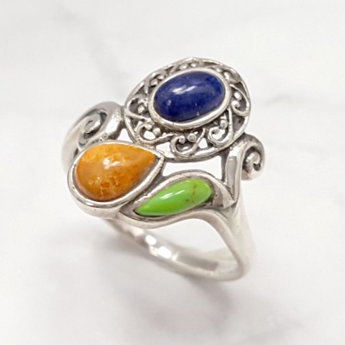 טבעת מכסף מעוצבת משובצת אבני לפיס, קוראל, טורקיז ירוק RG6451 | תכשיטי כסף 925 | טבעות כסף