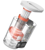 שואב אבק לספות ומזרנים Deerma CM980 – מיכל איסוף שקוף עם פילטרים כתומים וכסופים המציגים אבק ופעולת שאיבה פנימית