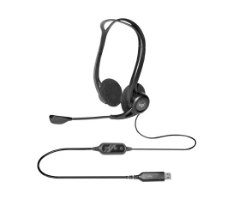 אוזניות עם מיקרופון Logitech 960 USB – אוזניות שחורות עם מיקרופון כבל USB ושלט על רקע לבן פריט בודד