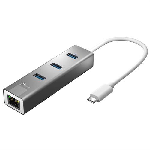 רכזת j5create USB-C עם 3 חיבורי USB-A ו-Gigabit Ethernet