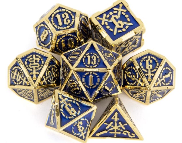 סט קוביות מתכת SWORDS למשחקי תפקידים מבוכים ודרקונים די אנד די DND Pathfinder בנרתיק קטיפה