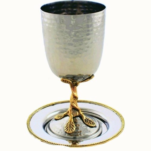גביע קידוש נירוסטה אלחלד מרוקע כסף משולב בזהב עם תחתית תואמת