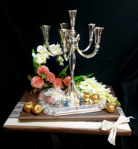קנדלברה וילון 6 קנים כסף טהור בעיצוב פרחים- מונטנה