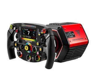 הגה סימולטור Thrustmaster T818 Ferrari SF1000 PC – USB הגה שחור עם מסך מחובר לבסיס אדום ושחור על רקע לבן