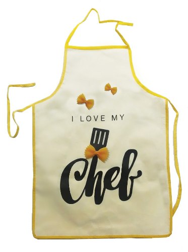 סינר אל-בד מעוצב, דגם שף – ״I Love My Chef״, רקע קרם, פס צהוב