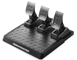 הגה מירוצים עם דוושות מגנטיות Thrustmaster T248X – שלוש דוושות כסופות מונחות על בסיס שחור עם לוגו Thrustmaster
