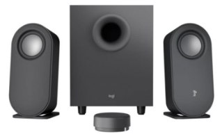 רמקולים למחשב עם סאבוופר Logitech Bluetooth Z407 – שני רמקולים אפורים כהים סאבוופר ובקר שליטה עגול מונחים על רקע לבן