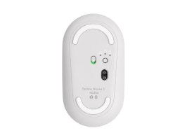 עכבר צבע לבן Logitech Pebble 2 M350S – תחתית העכבר הלבן נראית עם מתג הפעלה ירוק חיישן אופטי ורגליות לבנות