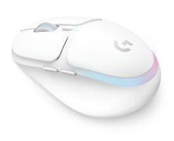 עכבר גיימינג אלחוטי Logitech G705 – מבט עליון אלכסוני על עכבר לבן עם גלגלת, כפתורים ותאורת RGB.
