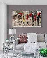 "Rain In Paris" הדפס ציור של רחוב פריזאי באוירה גשומה וחמימה |תמונת קנבס לסלון או לכל קיר גדול