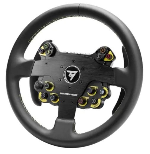 הגה מרוצים מעור Thrustmaster Evo Racing Wheel 32R Xbox/PC/PS4/PS5 – הגה שחור עם תפרים וכפתורים צהובים על רקע לבן