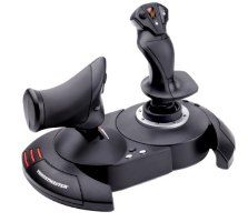 בקר טיסה עם מצערת Thrustmaster T-FLIGHT HOTAS X PS3/PC – בקר טיסה שחור עם ג ויסטיק ויחידת מצערת על בסיס אחד מוצג על רקע