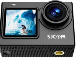 מצלמת אקשן SJCAM SJ6 Ultra – שם המוצר המלא המוצר כהה בעל עדשה קדמית ומסך המציג גולש גלים עם 4K