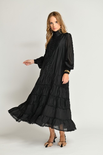 שמלה משי שילוב עיטורי פס תחרה שחור