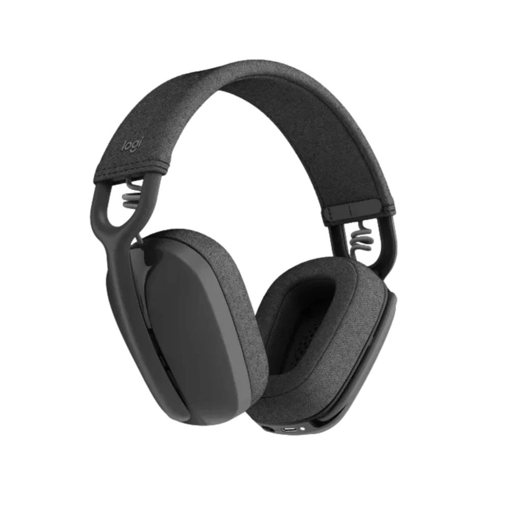 אוזניות צבע גרפיט Logitech Zone Vibe 100 – אוזניות קשת בצבע גרפיט מוצגות בזווית על רקע לבן Bluetooth