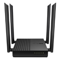 ראוטר TP-Link AC1200 Dual Band Wi-Fi Archer C64 – מבט קדמי על ראוטר שחור עם ארבע אנטנות זקופות