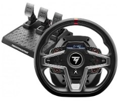 הגה מירוצים עם דוושות מגנטיות Thrustmaster T248X – הגה ודוושות שחורים ואפורים מוצגים בזווית על רקע לבן
