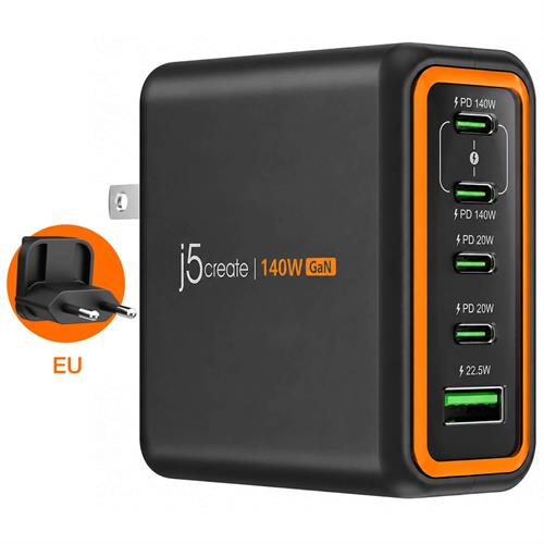 מטען j5create 140W GaN עם 5 יציאות USB ‏(4×USB-C + USB-A)