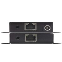 מתג Aten VE1821 HDMI CAT6 Extender – שתי יחידות אקסטנדר שחורות מוצגות עם חיבורי רשת אודיו וכניסת חשמל עם 4K
