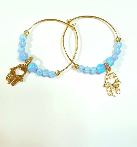 עגילי חישוק זהב, חמסה ואופאל כחול  Blue Opal Earrings with Hamsa