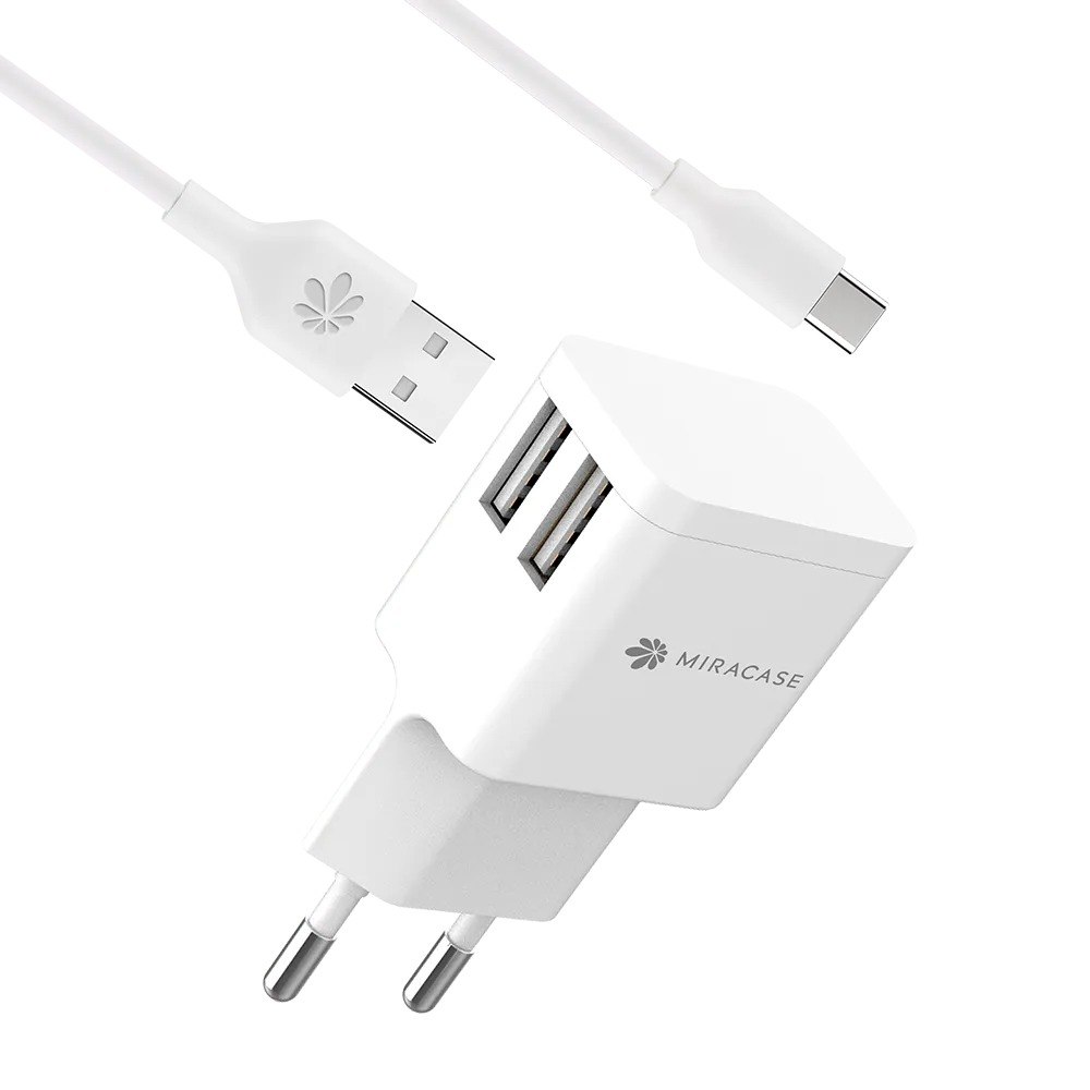 מטען קיר Type C כפול Miracase MWC244 – מטען קיר לבן עם שתי יציאות USB-A וכבל USB-A ל-Type-C