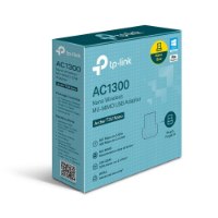 מתאם רשת אלחוטי זעיר Tp-Link Archer T3U Nano AC1300 USB – פריט בודד של קופסת המוצר הכחולה עם מפרט טכני ותמיכה ב-2 4GHz