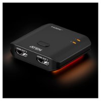 מפצל שתי יציאות Aten HDMI 8K VS5812 – מכשיר שחור עם שתי יציאות HDMI נוריות חיווי כתומות ותאורה כתומה תחתית 4K
