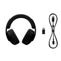 אוזניות אלחוטיות צבע שחור Logitech G325 – האוזניות השחורות דונגל USB וכבל טעינה מונחים על רקע לבן