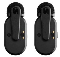 מערכת מיקרופונים אלחוטיים Shure MoveMic Two – שני מיקרופונים אלחוטיים שחורים עם קליפס גב וכפתורים מוצגים על רקע לבן