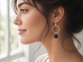 עגילי כסף 925 תלויים עם חישוק מרוקע ואבן אוניקס שחורה