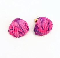 Handmade polymer clay clip-on earrings in a shell shape with a unique marble-like texture in shades of white and gray.