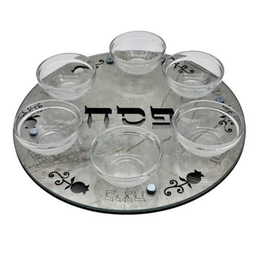 צלחת פסח מעץ דמוי שיש מגזרת מסגרת רימונים