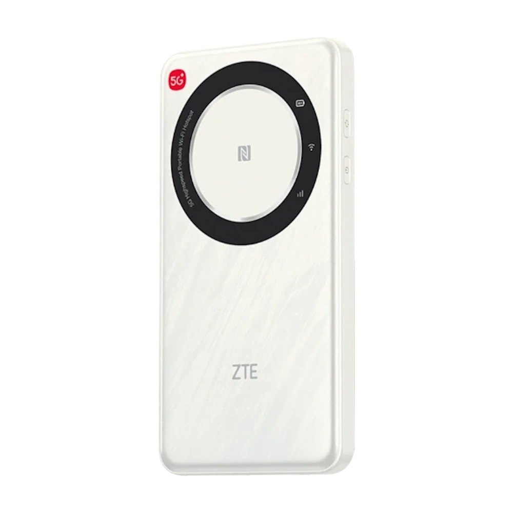 נתב נייד Zte U30 Air Mifi 5G – נתב לבן עם עיצוב עגול בחזית הכולל סמלי 5G Wi-Fi ו-NFC