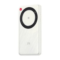 נתב נייד Zte U30 Air Mifi 5G – נתב לבן עם עיצוב עגול בחזית הכולל סמלי 5G Wi-Fi ו-NFC