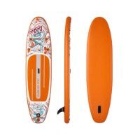 סאפ מתנפח+משוט Aqua Marina Coast PA-25C330 – סאפ מתנפח כתום עם דוגמה צבעונית בחרטום מוצג בשלושה מבטים שונים