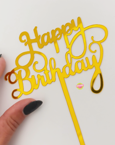 טופר לעוגה Happy Birthday זהב כתב יד מעוטר