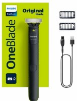 מכונת גילוח נטענת Philips One Blade QP1424 – המכונה השחורה מסרקים וכבל טעינה על רקע ירוק עם סוללה נטענת