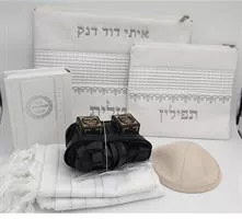 סט תפילין טלית לבן דמוי עור מפואר דגם ברקת