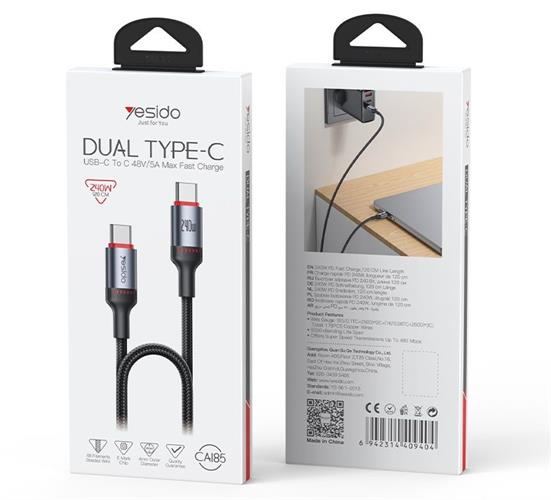 כבל שזור USB-C ל־USB-C עד 240W באורך 1.2 מטר - Yesido CA185
