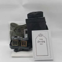 סט תפילין טלית צידנית וכיפה לחייל  אפור ג'ינס תכלת מרדכי