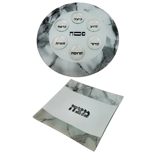 סט צלחת פסח ומצה צבע שיש אפור