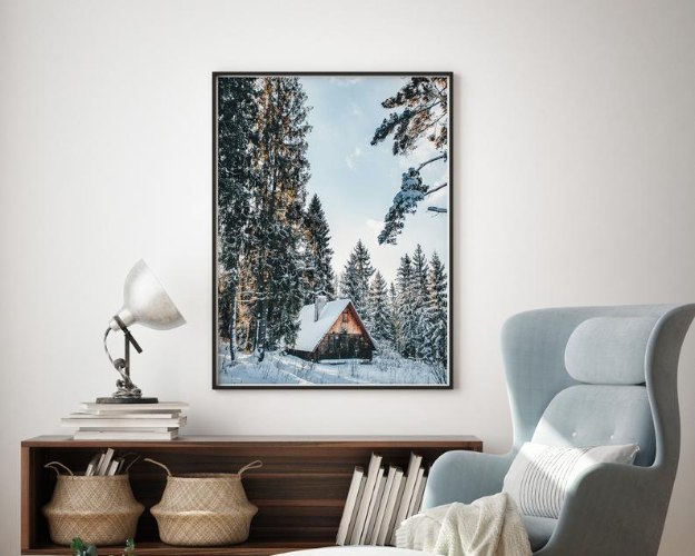 תמונת קנבס הדפס של בקתת חורף "Dreamy Winter Cabin" |בודדת או לשילוב בקיר גלריה | תמונות לבית ולמשרד